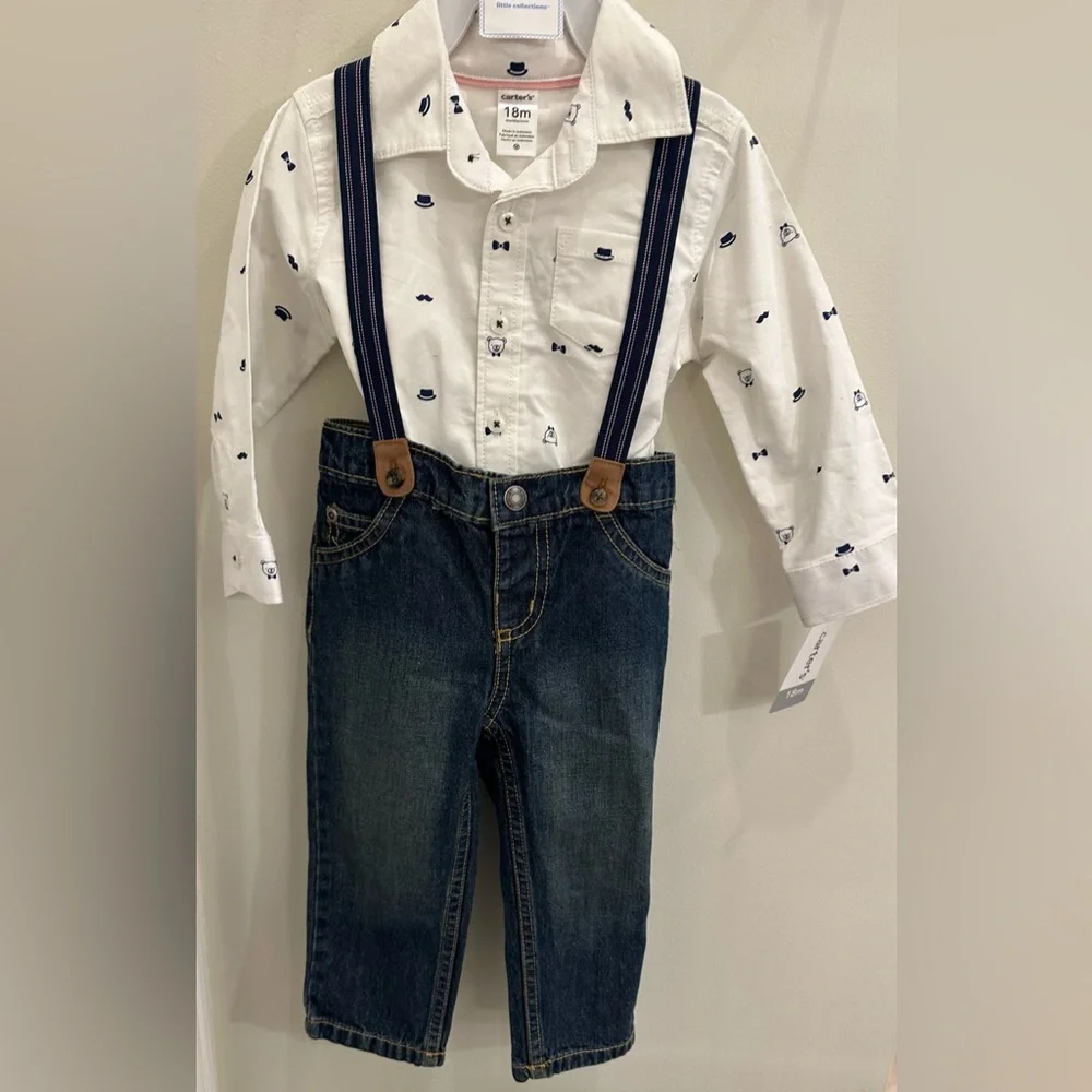 Carter’s 3 Piece Set Collared Button Up Onesie, Jeans and Suspenders - 18m